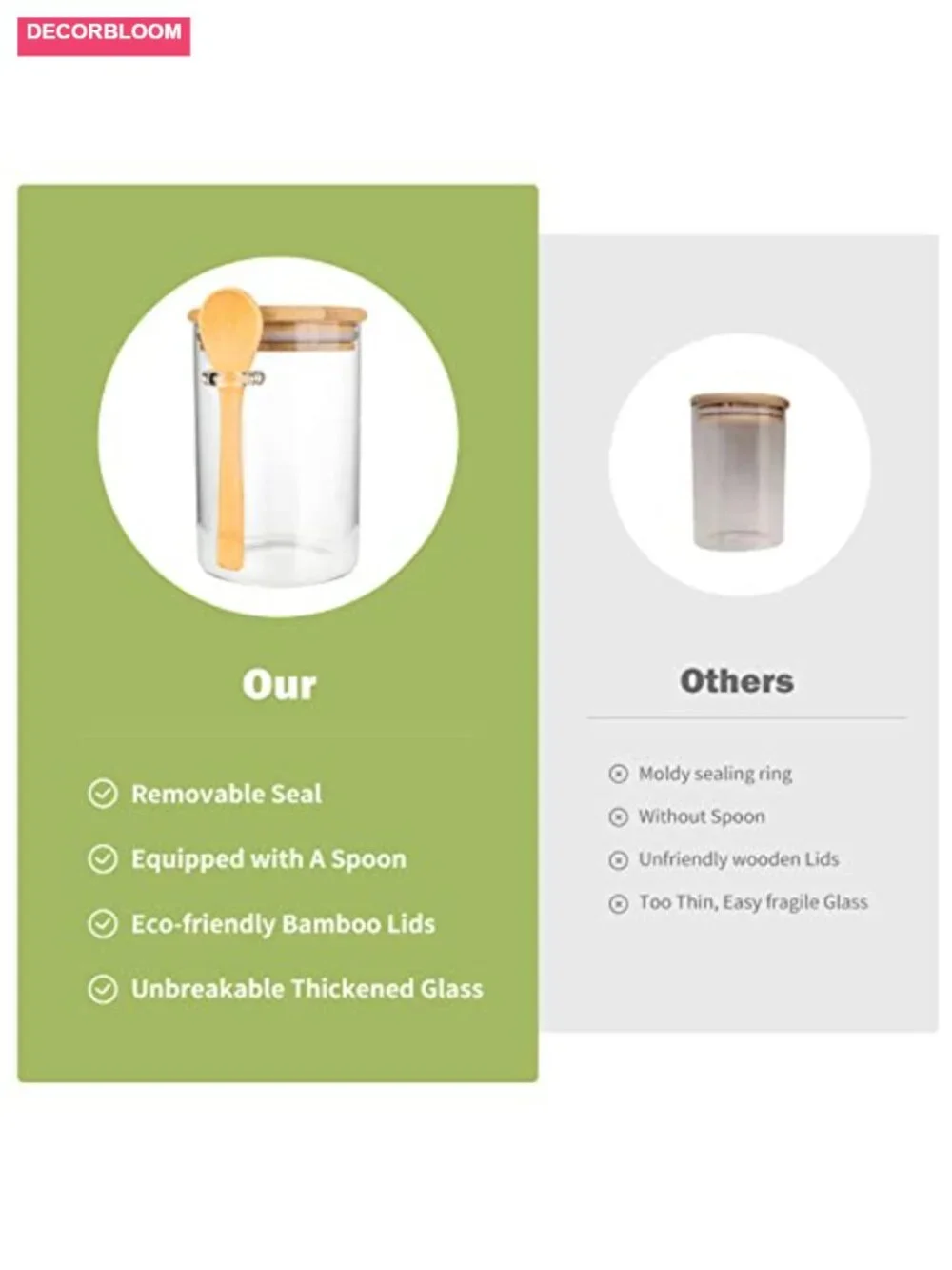 Airtight Glass Food Storage Canisters with Bamboo Lids and Spoons, 20 oz Set of
